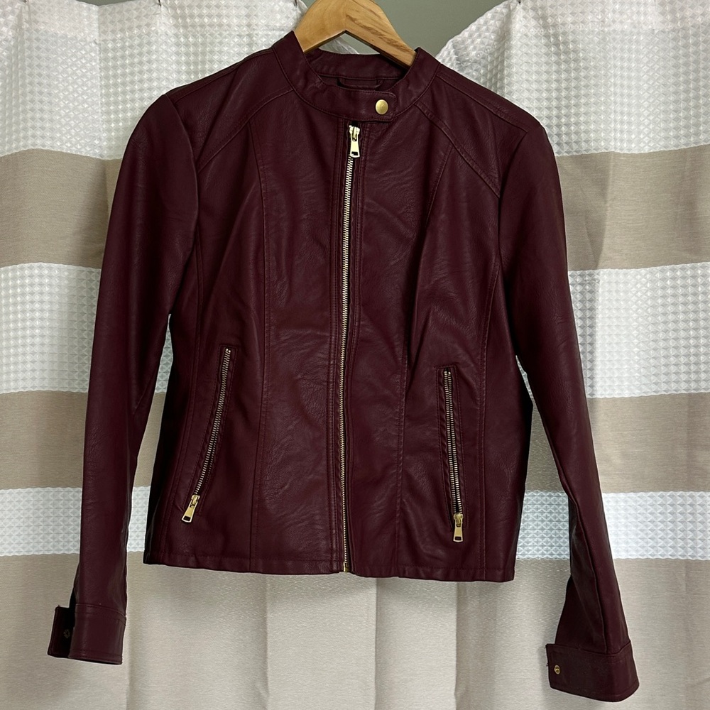 Baccini Burgundy Leather Jacket with Gold Zippers